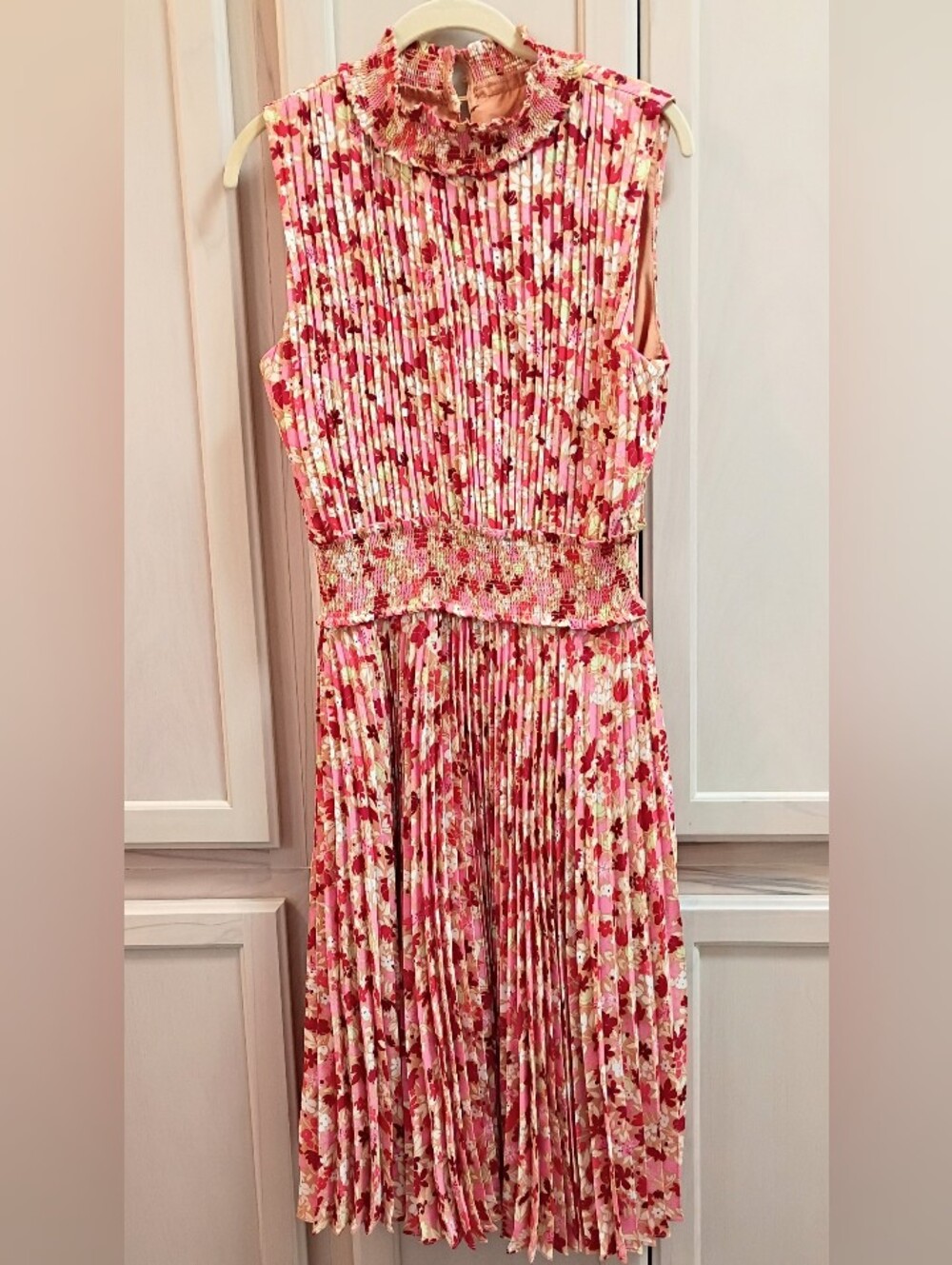 Nanette Lepore Floral Pleated Midi Dress 14 | Romantic Boho Smocked High Neck